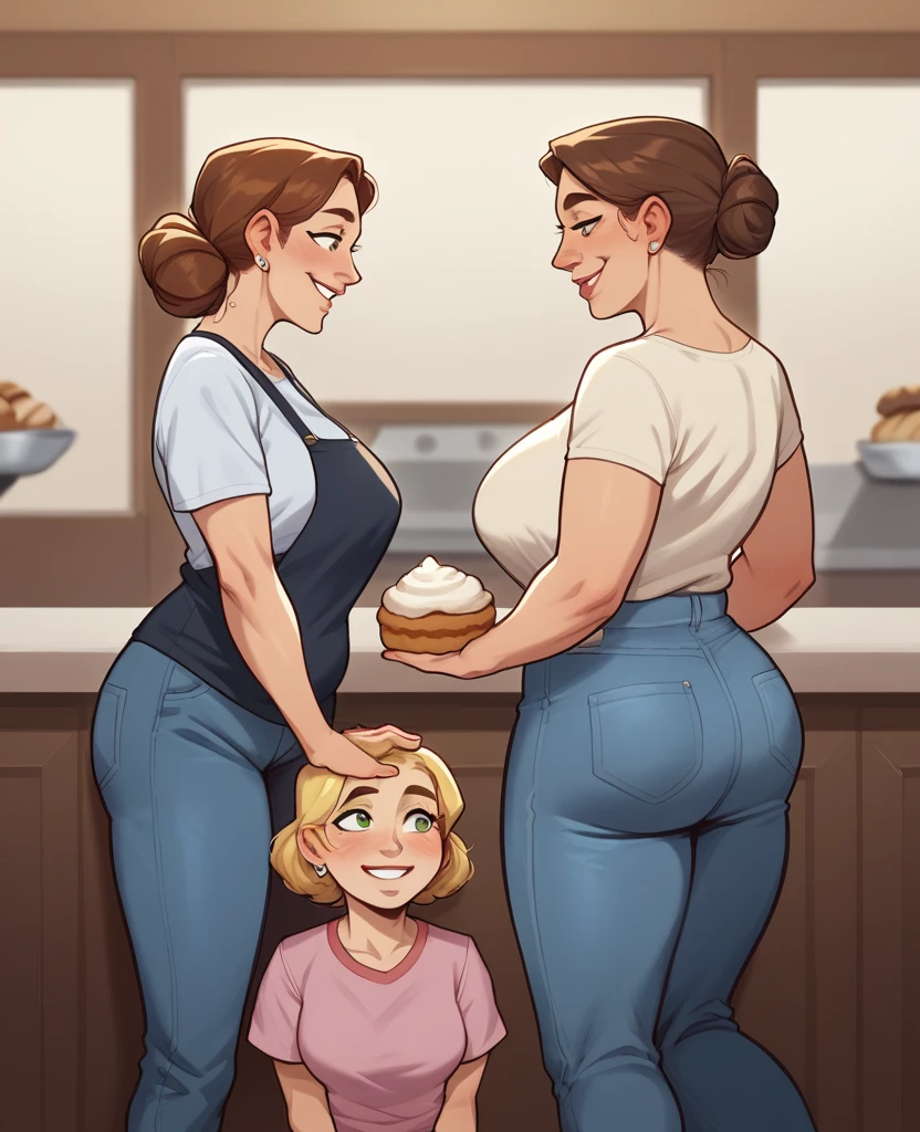 Task: Generate an image of Aunt Cass and four women in a bakery, with a side shot capturing all the people in the scene.Context:The scene is set in a bakery, with Aunt Cass working behind the counter. The four women are lined up in front of the counter, all visible from a side shot.Example:Aunt Cass is standing behind the counter, smiling as she serves the women. The shot is from the side, capturing Aunt Cass in profile as she works at the counter.  The four women are standing in front of Aunt Cass, but spread out along the counter, allowing them all to be clearly seen, but with enough space between them. Person: Aunt Cass: Short, wavy brown hair. Curvy body with large breasts and a small waist. Dressed in a tight t-shirt and jeans. Standing behind the counter, visible in profile, smiling and serving female customers. Woman 1: Long, blonde hair. Dressed in a white t-shirt and jeans. Standing at the far left of the counter, visible on the left side of the image. Woman 2: Short, dark hair. Dressed in a blue blouse and skirt. Standing next to Woman 1, facing the counter. Woman 3: Curly, red hair. Dressed in a floral dress. Standing to the right of Woman 2, with enough space between the other women. Woman 4: Wavy brown hair. Dressed in a pink sweater and black pants. Standing at the far right of the counter.  counter, visible on the right side of the image. Field of View and Composition: "Side shot capturing Aunt Cass in profile as she stands behind the counter, with the four women lined up in front of him. The image should show Aunt Cass and the women with plenty of space between them, spread out along the counter. The counter and its products should be visible in the foreground, with the women lined up along it, maintaining clarity and separation between each."