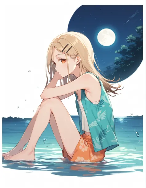 1girl,shinosawa hiro,slender,orange eyes,blonde hair,long hair,hairclip,white background,flat chest break aloha shirt,tanktop,op...