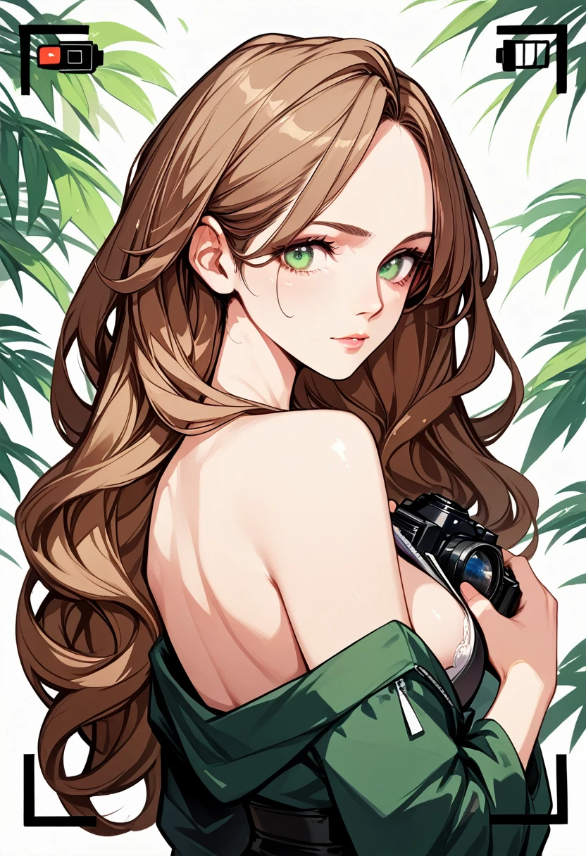 beautiful girl, 18 years ((Appearance: green eyes, long slightly wavy hair, brown-haired, slim waist, Narrow hips, 2 bust size )) (( style: anime, 2d )) (( quality: beautiful light, 16k Wallpaper, cinematogram )) (( Camera: 0.6 fov ))
