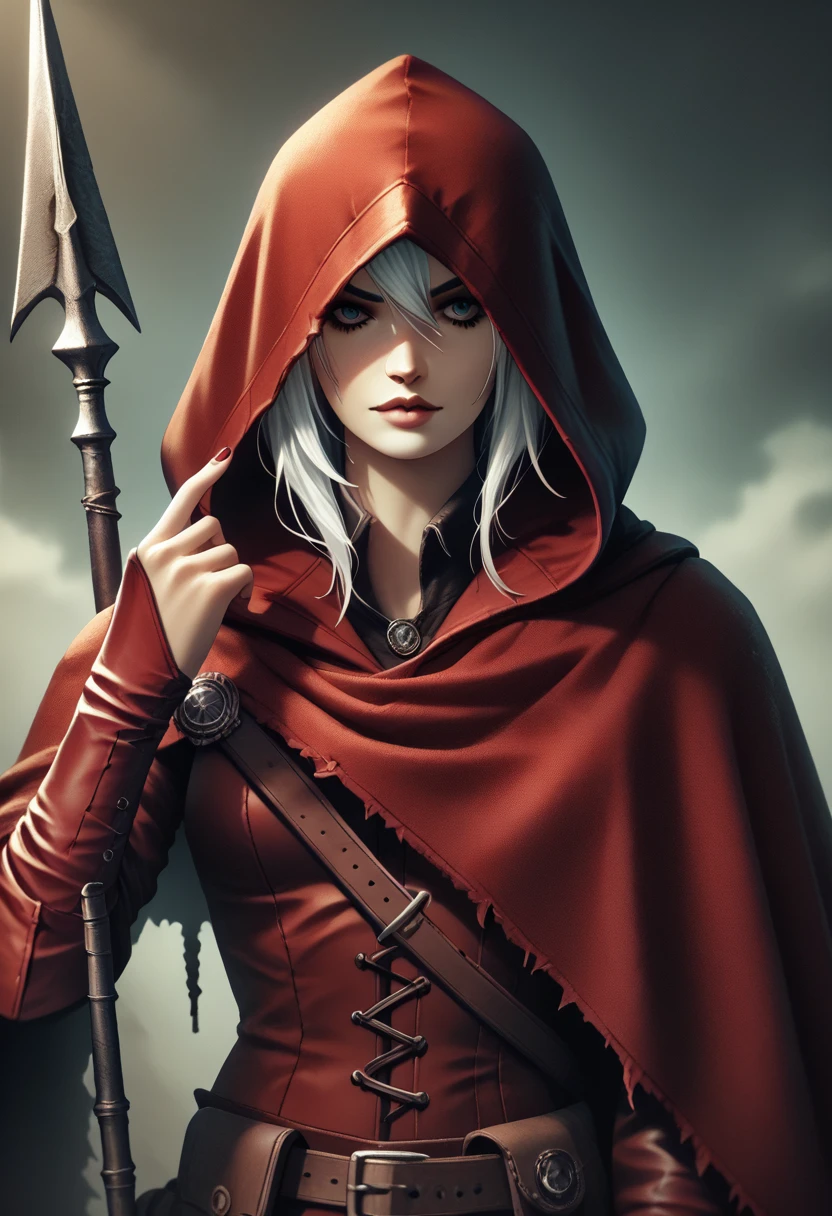 Villain, a post apocalyptic/dystopian paladin,tomboy,woman,skinny,red clothes,red cape,hooded,white hair,scarlet spear,nomad,inspired by the style of Caza, masterfully rendered with exceptional detail and thrilling, vivid colors, and somber lighting.
