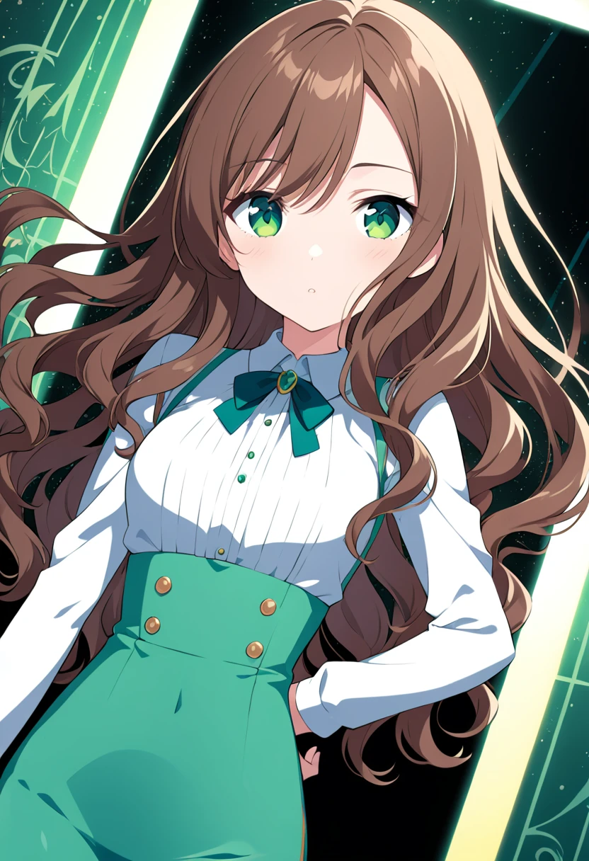 beautiful girl, 18 years ((Appearance: green eyes, long slightly wavy hair, brown-haired, slim waist, Narrow hips, 2 bust size )) (( style: anime, 2d )) (( quality: beautiful light, 16k Wallpaper, cinematogram )) (( angle: 0.6 fov ))
