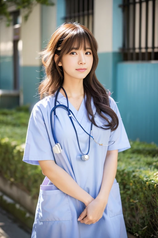 Aiki Enami walking around town in a nurse&#39;s uniform, Medium brown hair, Big Butt, Big Breasts, Japanese Beauty,