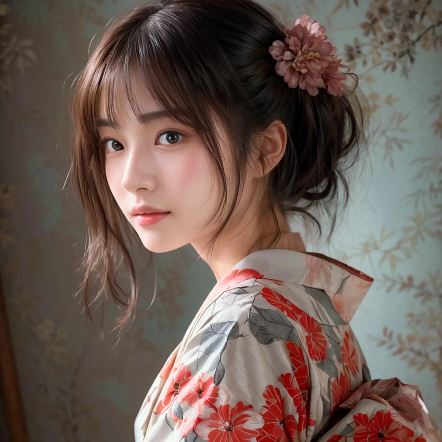 masterpiece:1.5、highest quality:1.5、(beautiful japanese woman:18-year-old)、black straight hair、wearing a beautiful yukata:colore...