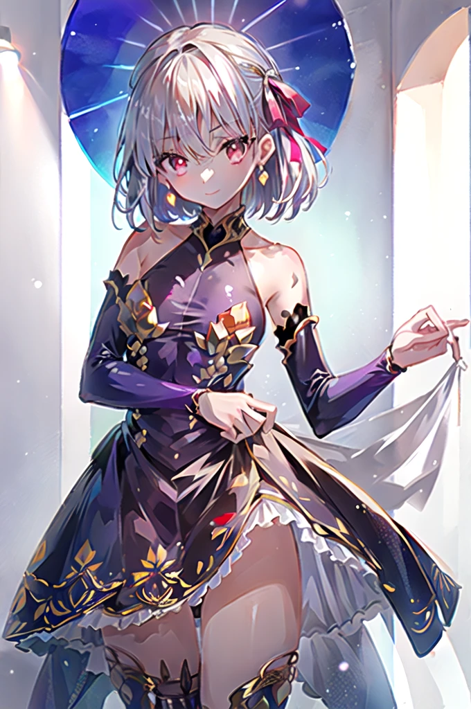 1girl,solo,cowboy shot,slender body,standing,(white hair:1.2),short hair,bob cut, slightly wavy,red bow,(red eyes:1.2),(beautiful fingers),medium breasts,beautiful breasts,masterpiece,best quality,(Ultra high definition eyes:1.2),8k,(Beautiful detailed eyes:1.2),(Fine and beautiful eyes:1.2),(pretty eyes:1.2),finely detail,extremely CG, absurdres,high resolution,illustration,Detailed and beautiful outlines,finely detail,high resolution,(colorful refraction:1.4,Increase saturation:1.2),beautiful lighting,dynamic lighting,closed room,black background,simple background, smile,looking at viewer,KamaDe, OriginalKamaOutfit,purple dress, purple sheer dress, purple sleeves,purple thigh boots