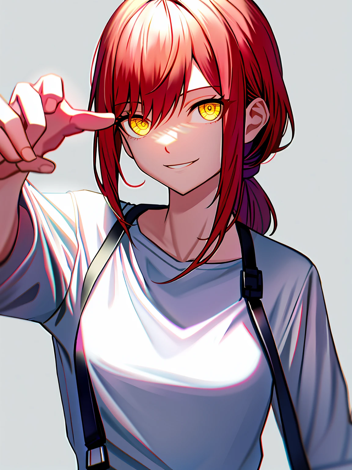 makima_(chainsaw_man)， 1girl， solo， long_hair， breasts， looking_at_viewer， smile， bangs， simple_background， shirt， white_background， medium_breasts， yellow_eyes， white_shirt， upper_body， ponytail， sidelocks， red_hair， parted_lips， blurry， pointing， foreshortening， ringed_eyes， pointing_at_viewer,