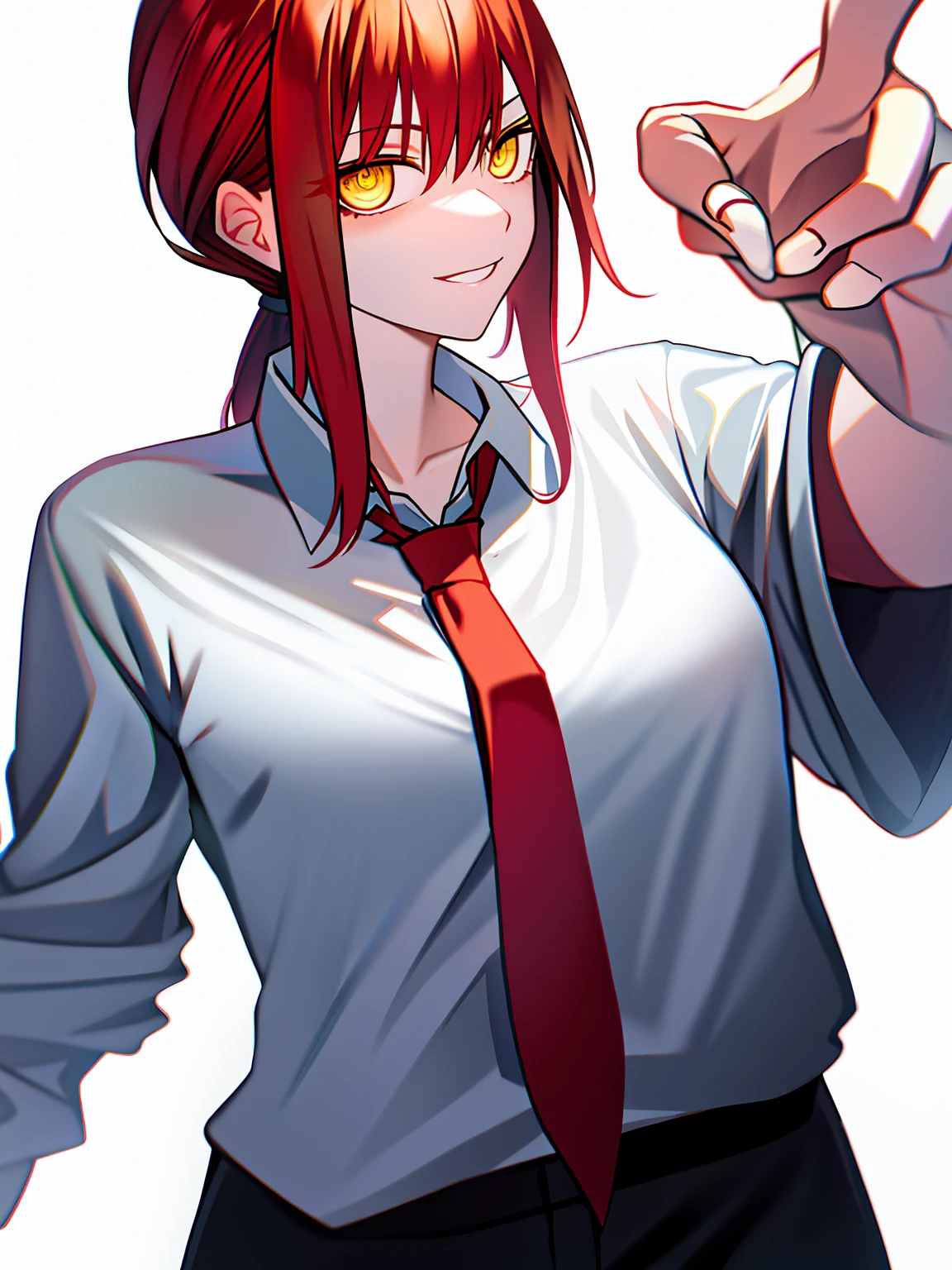 makima_(chainsaw_man)， 1girl， solo， long_hair， breasts， looking_at_viewer， smile， bangs， simple_background， shirt， white_background， medium_breasts， yellow_eyes， white_shirt， upper_body， ponytail， sidelocks， red_hair， parted_lips， blurry， pointing， foreshortening， ringed_eyes， pointing_at_viewer,