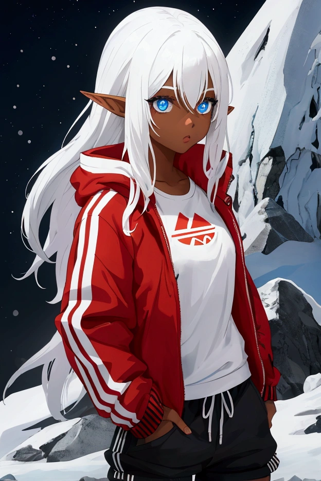 an elf girl with white hair and blue eyes, star-shaped pupils, brown skin color, He is wearing short sportswear, black pants with red stripes, with a black and white Adidas jacket, the jacket is open without censorship, The biome where the girl is is snowy,