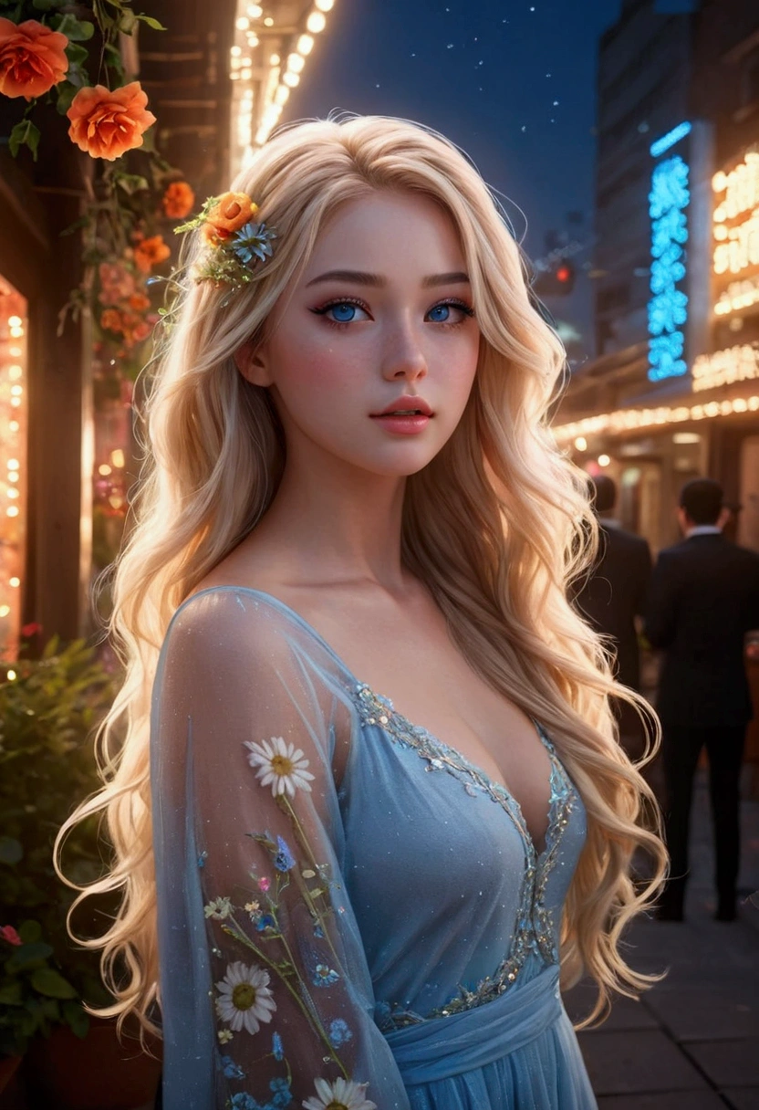 ((Flower style)), (advntr), (1 woman_back, whole body), (((alone))), (realistic:1.5), light particles, realism, photorealistic, octane render, 8k, neon lights, detailed face, detailed eyes, long line, very long hair, blonde hair, blue eyes, (sharp eyeliner, eye shadow, detailed eyes:1.1), (Ulzzang-6500), back model pose, (standing), (outdoors), Noon time, public place, inside,