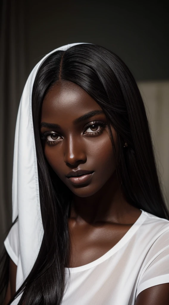 a close up of a woman with long hair and a white shirt, a black and white photo by Alexander Mann, tumblr, hurufiyya, dark black skin tone, adut akech, dark brown skin, dark black skin, very dark brown skin!, dark skin tone, dark skin, dark complexion, black skin!!!, dark-skinned, dark skinned