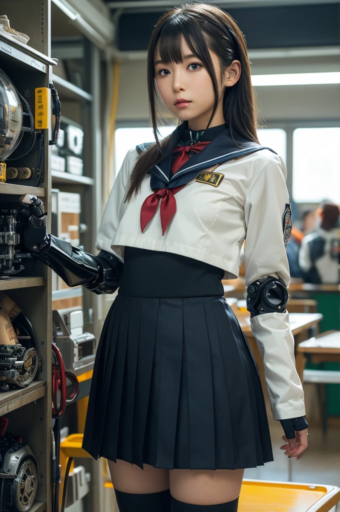 masterpiece, Best Quality, Extremely detailed, Japaese android highschool Girl,Plump ,Navy Pleated Mini Skirt,Black tights,control panels,android,Droid,Mechanical Hand, Robot arms and legs, Black Robot Parts,Black hair,Mechanical body,Blunt bangs,White abdomen,White Robotics Parts,perfect robot woman,The laboratory of the future,cyberpunked,Charging spot,android factory,Robot Factory,cyborg factory,Long Tube,A thick cable connects her neck,ceramic body,blue eyes,Mechanical body,android,robot humanoid,japanese highschool girl uniform,perfect robot girl