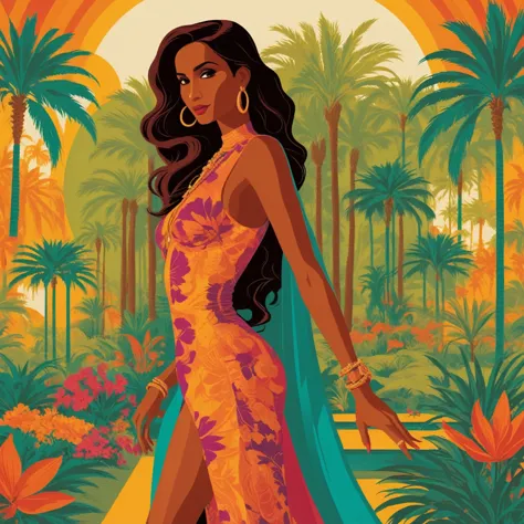 iman vellani concept poster art, full body portrait in private oasis . digital art by tom whalen, bold lines, vibrant, saturated...