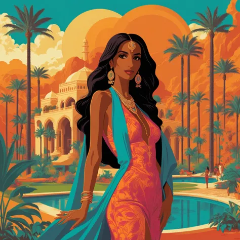 iman vellani concept poster art, full body portrait in private oasis . digital art by tom whalen, bold lines, vibrant, saturated...