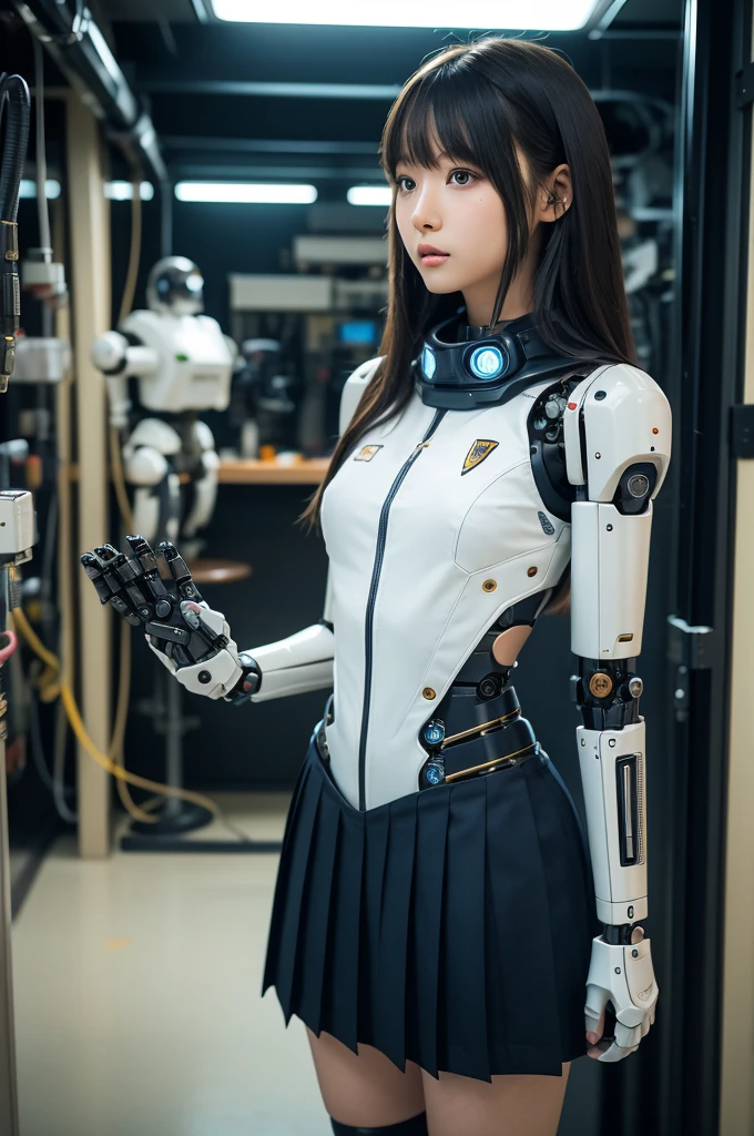 masterpiece, Best Quality, Extremely detailed, Japaese android highschool Girl,Plump ,Navy Pleated Mini Skirt,Black tights,control panels,android,Droid,Mechanical Hand, Robot arms and legs, Black Robot Parts,Black hair,Mechanical body,Blunt bangs,White abdomen,White Robotics Parts,perfect robot woman,The laboratory of the future,cyberpunked,Charging spot,android factory,Robot Factory,cyborg factory,Long Tube,A thick cable connects her neck,ceramic body,blue eyes,Mechanical body,android,robot humanoid,japanese highschool girl uniform,perfect robot girl