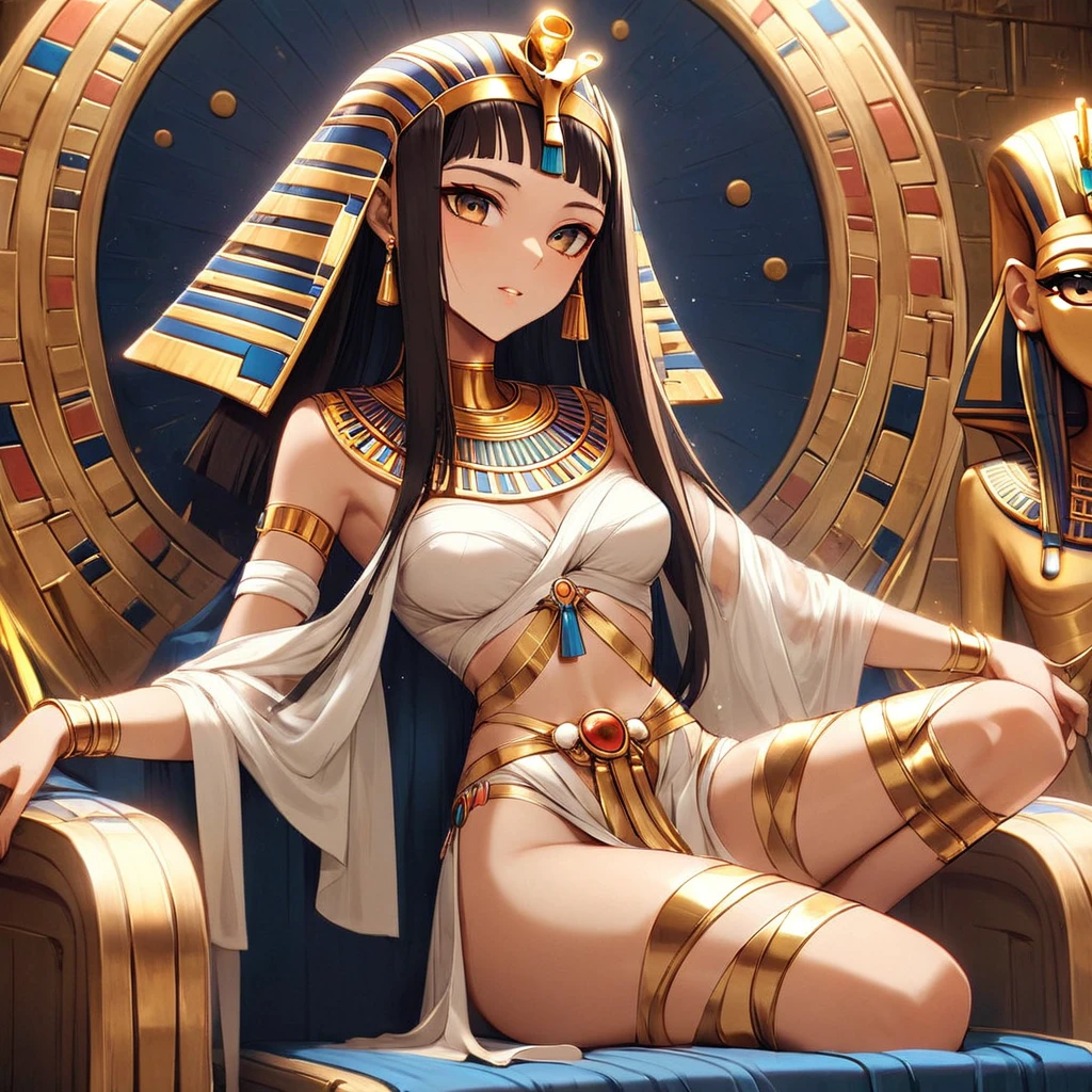 ((Highest quality)), ((masterpiece)), (detailed), （Perfect Face）、((The woman with the golden face of Tutankhamun is wearing the golden mask of Tutankhamun))、The woman with the face of Tutankhamun in ancient Egypt is Asuna Yuuki with bright brown hair, semi-long hair, and a magnificent Tutankhamun face wearing a Tutankhamun hat. Her face is completely Tutankhamun and she is wearing clothes like Cleopatra.、The woman is dressed as Tutankhamun of ancient Egypt.、A woman sits on an ancient Egyptian throne and reigns with the golden face of Tutankhamun