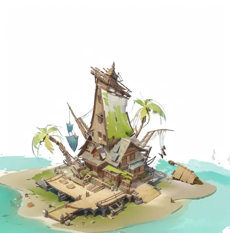 alafid island with a wooden bridge and a small house, 3d rendering style, stylized concept art, game concept art, concept art is...