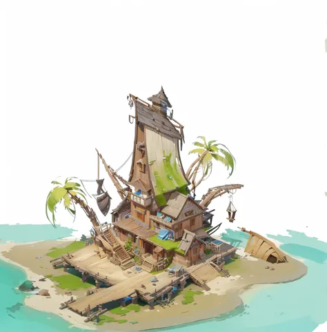 alafid island with a wooden bridge and a small house, 3d rendering style, stylized concept art, game concept art, concept art is...