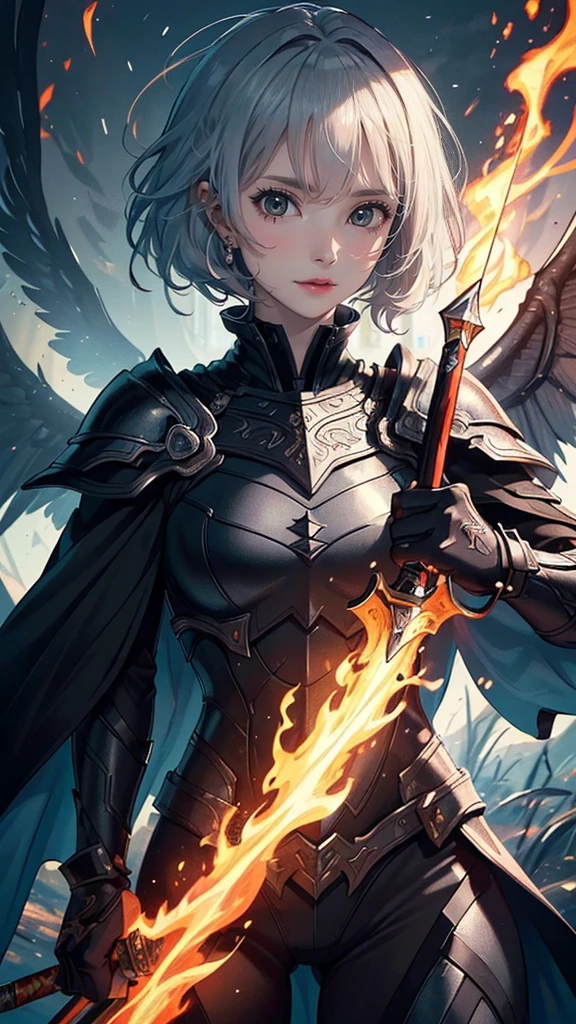 ((Ultra-fine illustrations, 8k, masterpiece :1.2, Sharp focus :1.2, Depth of written boundary:1.2)), Beautiful Swordsman, Absurd, Highly detailed face and skin texture, Silver Hair, Jet Black Armor, Flame Armor, Cloak on Fire, Flaming Sword, Wings of Fire, Determination to overcome sadness, There&#39;s a sign of determination in your gentle eyes , Strong Soul