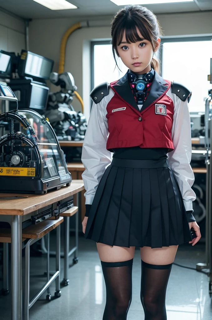 masterpiece, Best Quality, Extremely detailed, Japaese android highschool Girl,Plump ,Navy Pleated Mini Skirt,Black tights,control panels,android,Droid,Mechanical Hand, Robot arms and legs, Black Robot Parts,Black hair,Mechanical body,Blunt bangs,White abdomen,White Robotics Parts,perfect robot woman,The laboratory of the future,cyberpunked,Charging spot,android factory,Robot Factory,cyborg factory,Long Tube,A thick cable connects her neck,ceramic body,blue eyes,Mechanical body,android,robot humanoid,japanese highschool girl uniform,perfect robot girl