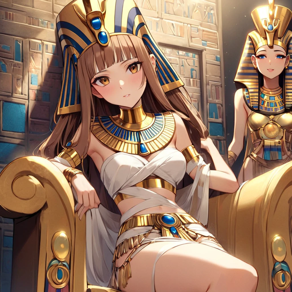 ((Highest quality)), ((masterpiece)), (detailed), （Perfect Face）、((The woman with the golden face of Tutankhamun is wearing the golden mask of Tutankhamun))、The woman with the face of Tutankhamun in ancient Egypt is Asuna Yuuki with bright brown hair, semi-long hair, and a magnificent Tutankhamun face wearing a Tutankhamun hat. Her face is completely Tutankhamun and she is wearing clothes like Cleopatra.、The woman is dressed as Tutankhamun of ancient Egypt.、A woman sits on an ancient Egyptian throne and reigns with the golden face of Tutankhamun