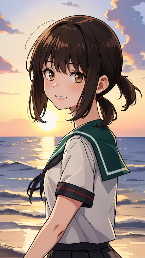 (masterpiece, best quality:1.2),illustration,8k,hd,seaside,sunset sky,1girl,solo,brown eye,upper body,(portrait:1.2),black_hair,...