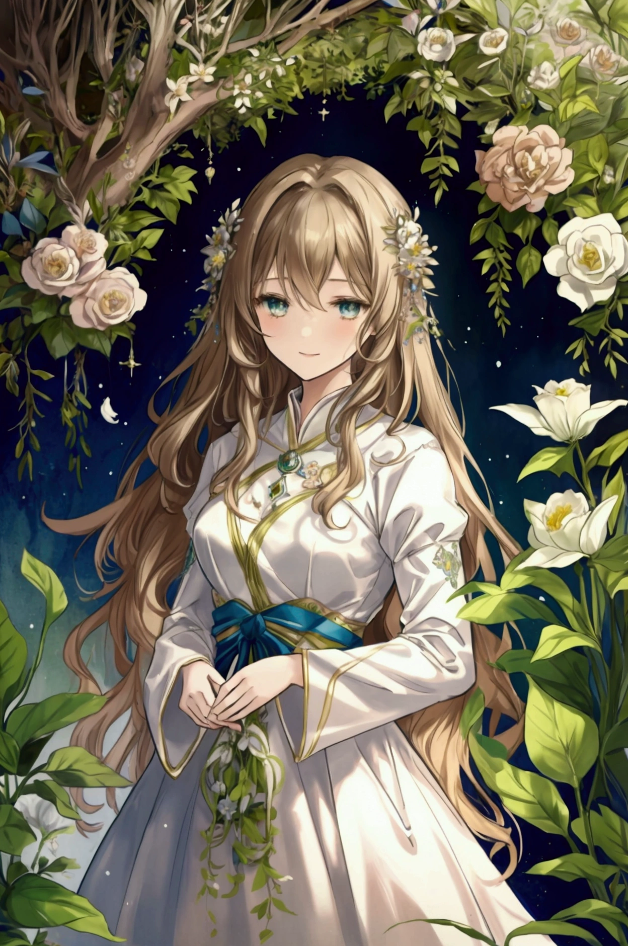 (Masterpiece), ((Highest Quality)),(Official Art),beautiful nature: 1.2),(1 solo anime character: 1.3). A regal high queen with wavy light brown hair and amber eyes, wearing flower hair ornaments under ethereal lighting. Clad in a beautiful yet modest dress made of earthy tones, rich textures, and intricate embroidery that draws inspiration from nature, she stands gracefully in a lush, enchanted forest. Subtle wisps of mist swirl around her, creating an otherworldly atmosphere. Her expression is a blend of gentle smile and wistfulness. Detailed picture. Detailed eyes. Detailed environment. Mature artstyle (no moe). Soft fairytale picture Arthur Rackham-style. Colorful, best detailed ((super detailed)), (highly detailed 2D anime illustration), ((natural and beautiful))