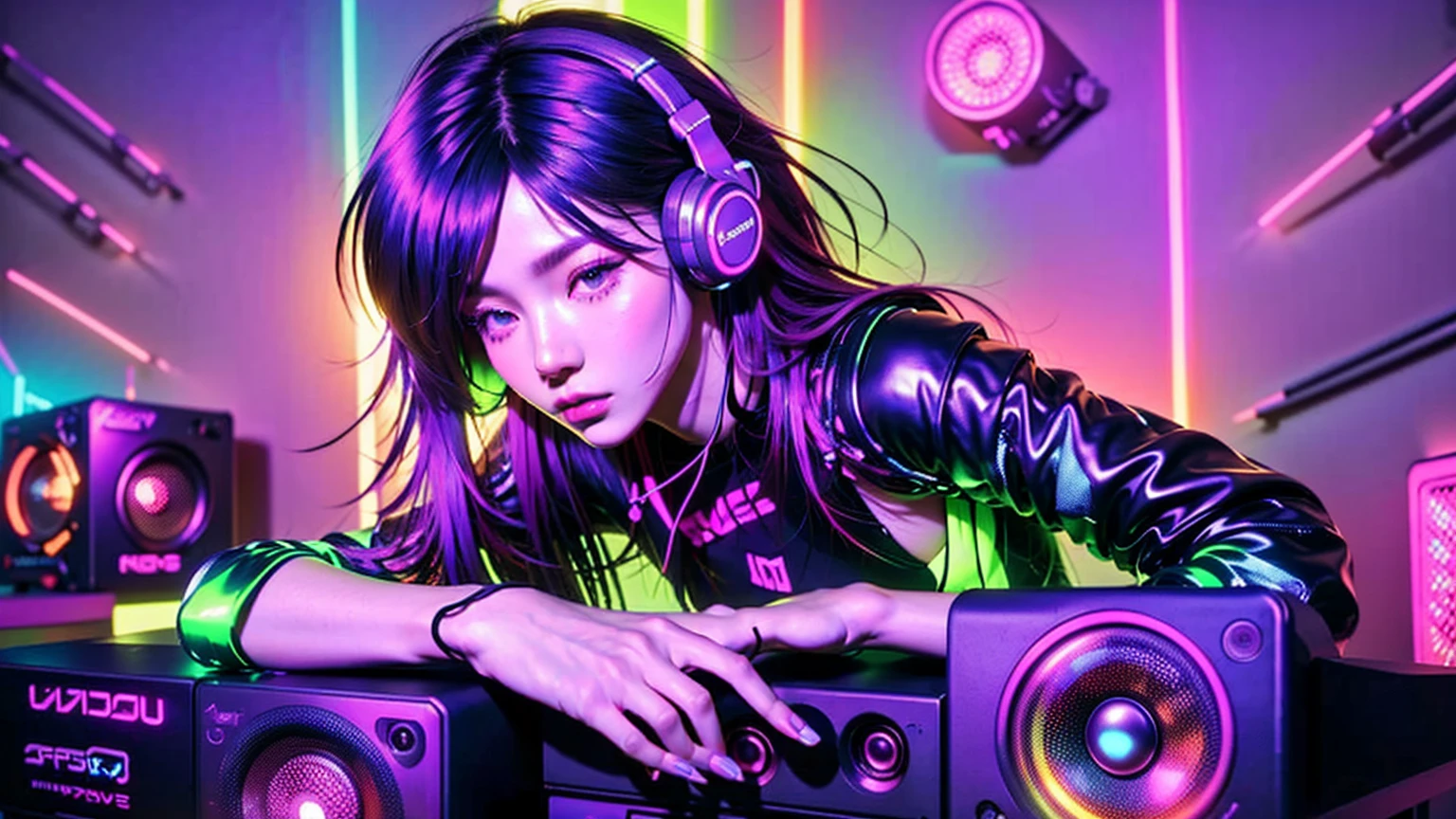 masseter muscle fragment、superfine、surrealism、Beautiful female artist in DJ suit with black top and headphone、DJ Set、sporty、headphone dj rave, sporty, headphone、DJ at a party、dj rave 、CG station、(((Huge speakers in the background)))、(((Every wall is a speaker.)))、(colorful hair)、shiny hair、interior color、Smokey
