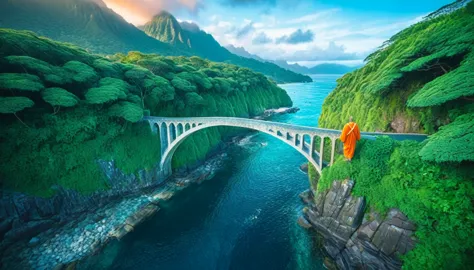 a bird's eye view, a huge gap over the ocean, a man in a bright orange robe walking on a bridge, sparks of light in the air, an ...