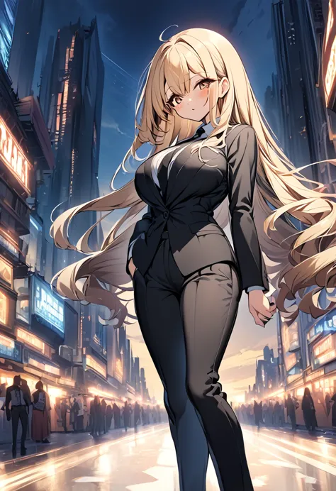 one girl　cute　anime style　anime face　anime style　beauty　big breasts　black pants suit　black colored shirt　black color tie　blonde ...