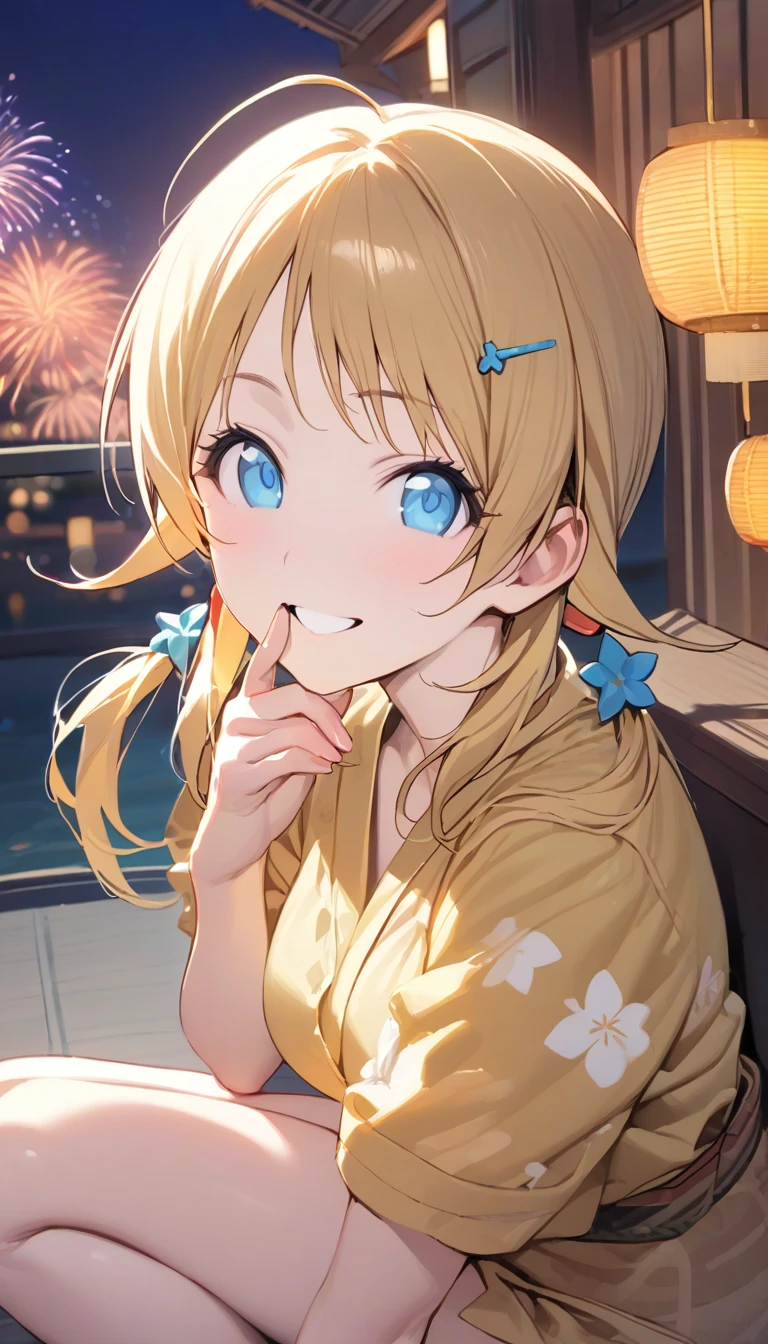 (masterpiece),(Highest quality),(Very detailed),(Best illustrations),(Best Shadow),(Absurd),(Detailed Background),(so beautiful),  Hachimiya Meguru, One girl, Blonde, alone, blue eyes, hair ornaments, smile, chest, Twin tails, Hair Clip, View your viewers, Long Hair, Yellow yukata, night, firework, Close your mouth, fan