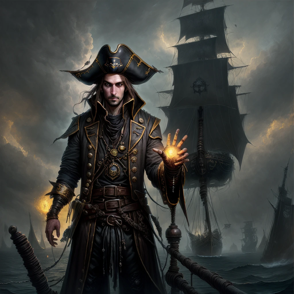 Detailed art in the form of an oil painting, painting. A man - a brunette with brown eyes and light stubble in a black pirate suit stands on the deck of a pirate ship at the helm. Instead of a right hand - a metal prosthesis. The eighteenth century is the golden age of piracy. Gloomy atmosphere.