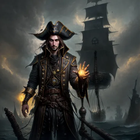 detailed art in the form of an oil painting, painting. a man - a brunette with brown eyes and light stubble in a black pirate su...