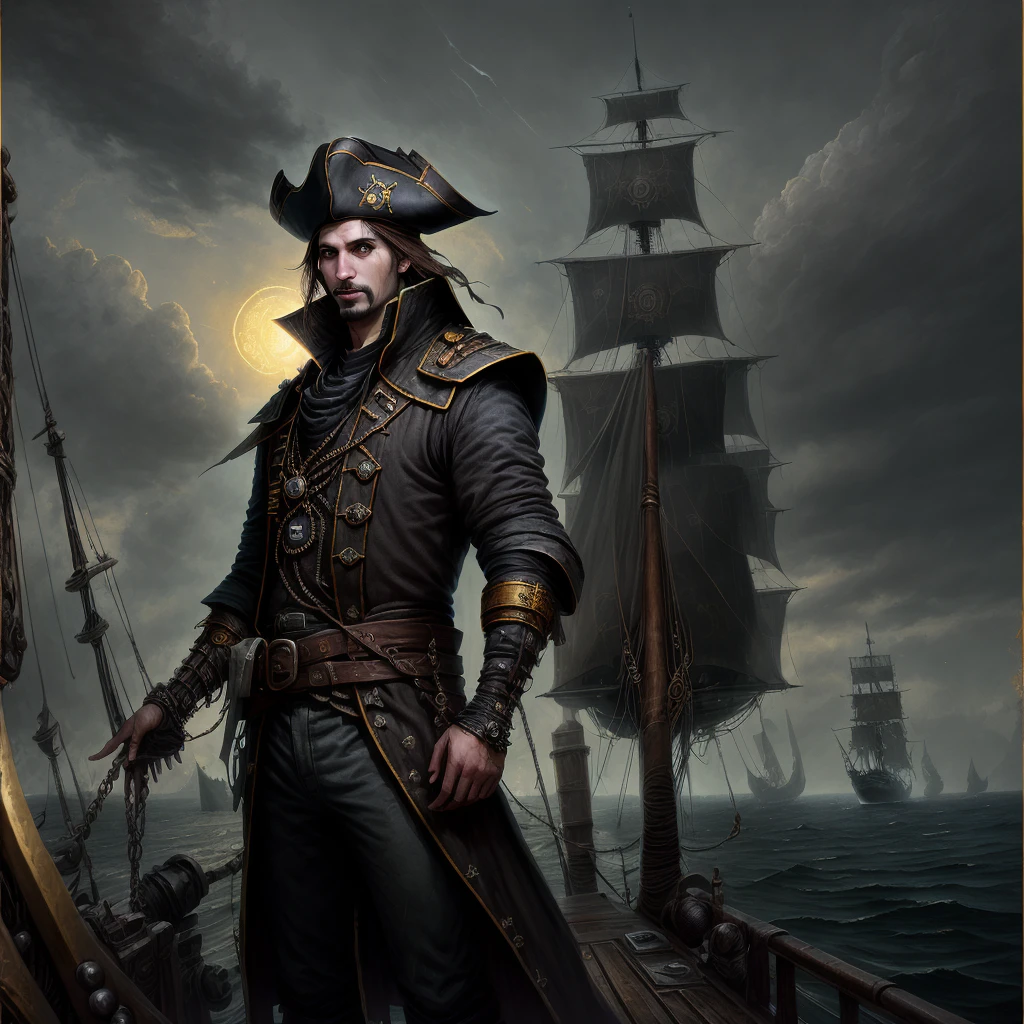 Detailed art in the form of an oil painting, painting. A man - a brunette with brown eyes and light stubble in a black pirate suit stands on the deck of a pirate ship at the helm. Instead of a right hand - a metal prosthesis. The eighteenth century is the golden age of piracy. Gloomy atmosphere.