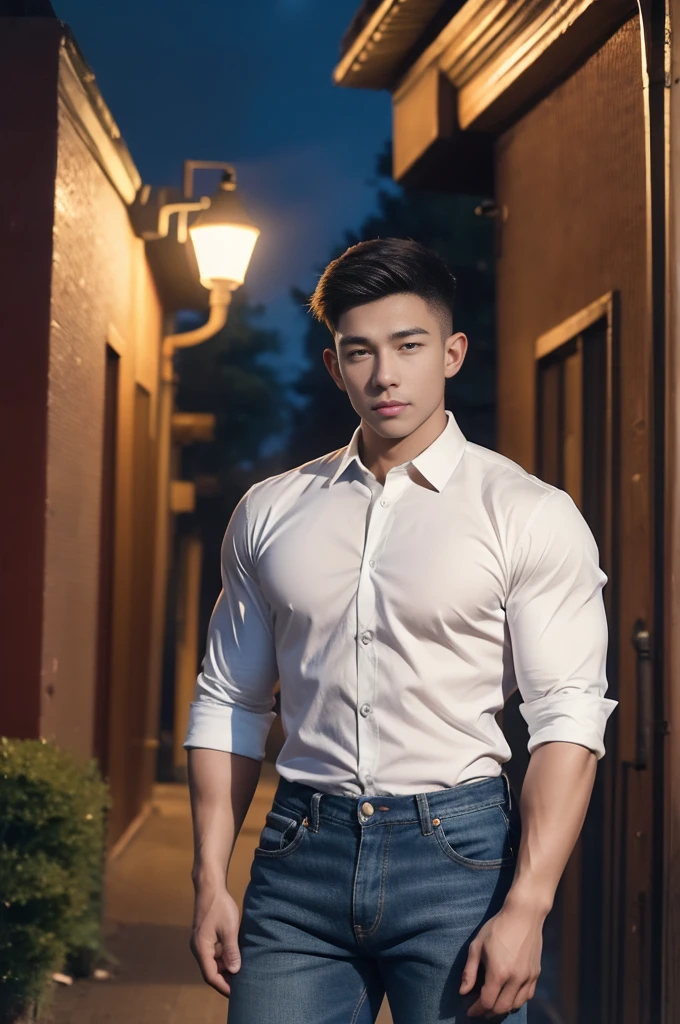 (armface:1.3) , Handsome young man standing, (have a mustache:0.8) , (short hair:1.2), The forearms are muscular., (Collared shirt with buttons:1.2), (white shirt:1.2),Jeans, Big muscles, Handsome and muscular, full body angle, (The front of an old building:1.1), , (nighttime:1.3), Neon lights