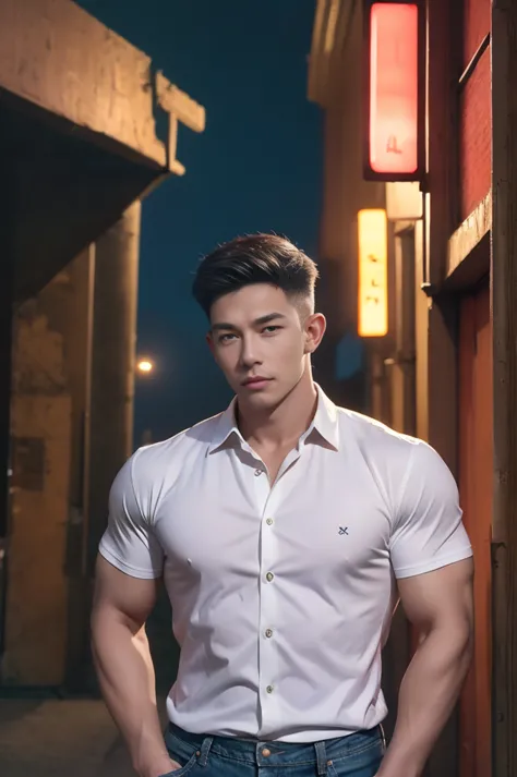 (armface:1.3) , handsome young man standing, (have a mustache:0.8) , (short hair:1.2), the forearms are muscular., (collared shi...