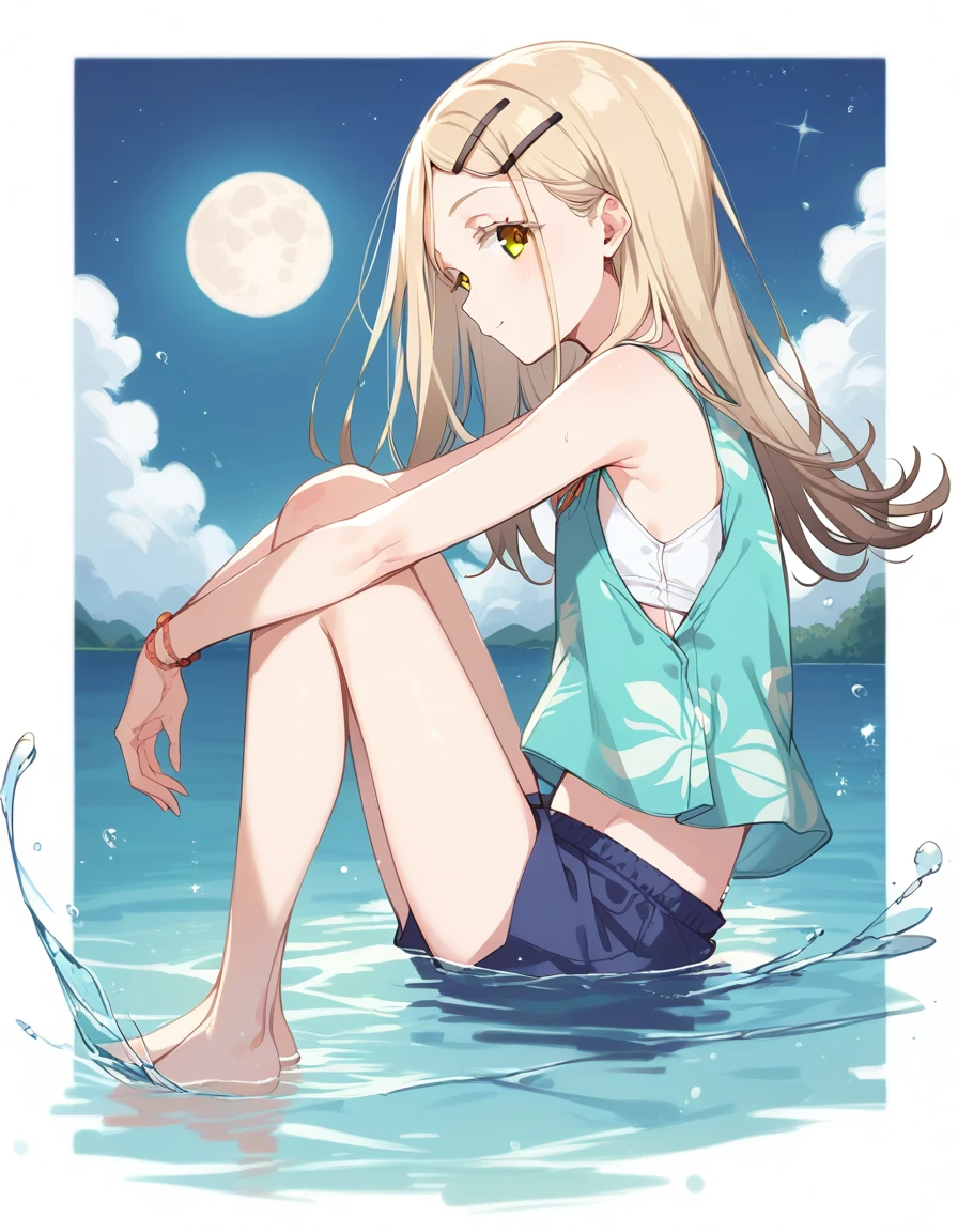 1girl,shinosawa hiro,slender,orange eyes,blonde hair,long hair,hairclip,white background,flat chest BREAK aloha shirt,tanktop,open shirt,from side,water,night,moon,full body,