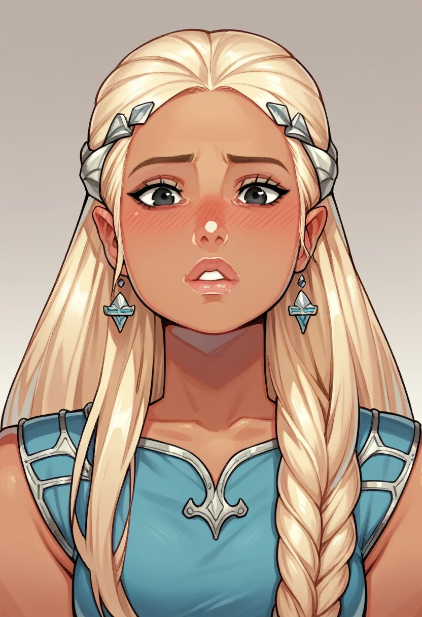 One girl, Daenerys Targaryen, tanned, blonde hair, black eyes, blushed, retrato, nithgown,