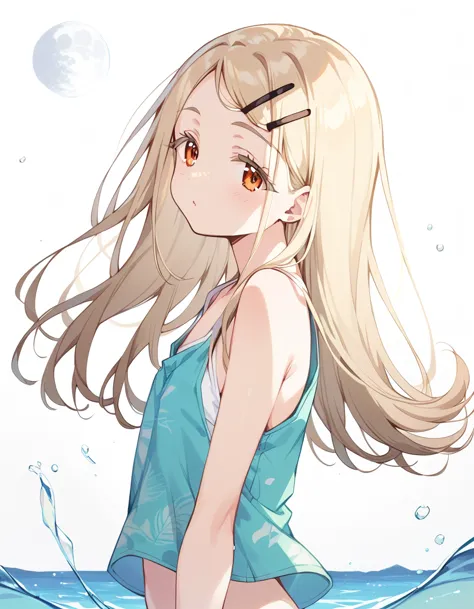 1girl,shinosawa hiro,slender,orange eyes,blonde hair,long hair,hairclip,white background,flat chest break aloha shirt,tanktop,op...