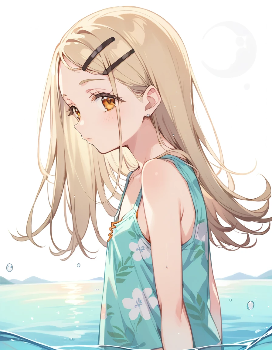 1girl,shinosawa hiro,slender,orange eyes,blonde hair,long hair,hairclip,white background,flat chest BREAK aloha shirt,tanktop,open shirt,from side,water,night,moon,