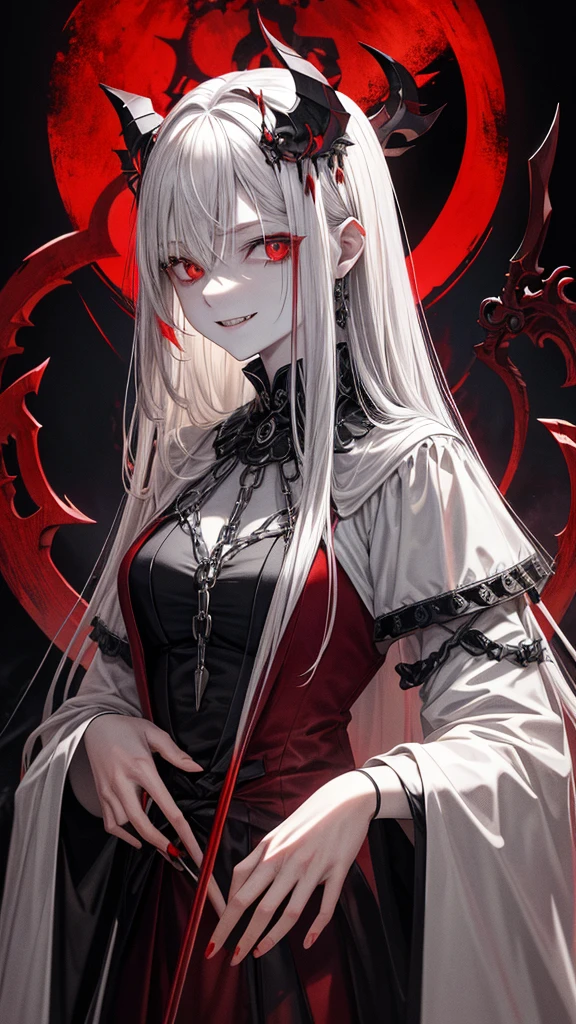 .(Highest quality,4K,High resolution,masterpiece:1.2),Very detailed,Realistic:1.37,Spooky altar background,Dark fantasy,Red color scheme,Ominous atmosphere,Eye-catching,Storytelling,anatomy,Anime Style,Concept Art,beautiful細部までこだわった顔と (((Red eyes ))),A terrifying ritual ,Satanic Ritual,Premature death,inappropriate behavior,クレイジーなsmile,Scythe Face,Girl Monster, beautiful, Delicate facial features, Sharp Eye, Sharp Fangs, pale skin, Thick chain, Dark Background, Cinema Lighting, Dramatic Shadows, Gothic style, Gloomy atmosphere, Dark fantasy, one person&#39;s, Please open your mouth wide, Open your mouth and baring your teeth,Sharp teeth like a beast, Wide lips, very wide mouth, Vermilion cheeks, ,(Blood splatter:1.4),Scary smile, smile,Angel Design, Twisted smile、Bloody、bleeding from the head,,,,,、Blood splatter、,(Blood splatter:1.4),skull,Horror Style, ((Fantasy Sweet Frilly Pink Costume)), ((flowing blonde hair)), ,(Blood splatter:1.4),Female curves, Sexy flat stomach, Perfect hands, Perfect anime face, (Pink tadress)), Are standing, ((邪悪なsmile)), ,(Blood splatter:1.4), Steam circulates, Moonlight Illumination, night lighting, (Blood splatter:1.6),アニメAngel Design, Twisted smile、Bloody、bleeding from the head,,,,,、Blood splatter、,(Blood splatter:1.4), skull,Gothic architecture、Western architecture、Fantasy World、,Victorian cities, Skeleton Gas Light,Absurd, High resolution、 ((Tabletop)), ((Highest quality)), (Very detailedな), ((Very detailed)), (beautiful), ((cute)), (NFSW:1.8), alone,(10 years old:1.6)、(world&#39;The most terrifying and creepy demon girl:1.5)beautiful face、Whole Body Ezbian、pale, Beautiful Skin、beautiful金の髪、Smiling Kindly、Dark building ruins、(snow white&#39;Frill dress:1.3)、(The dark ruins are stained with blood:1.3)、Low angle full body shot、(少女は血の海の中にAre standing:1.5)、(The ground is full of blood:1.3)、(The girl lost a lot of blood...:1.3)、(クレイジーなsmile:1.6)、Spirits、(Blood dripping from the mouth:1.3)、
