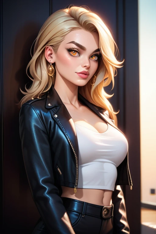 Tall and slender busty woman; medium shoulder length, black iridescent hair; fit, dainty body; amber-golden eyes; sharp jaw, siren eyes, full lips, full eyebrows, greek nose; soft features; girl-next-door look; best quality; trending on artstation; complex volumetric lighting; strong shadows; artistic lighting; dynamic; energetic vibe; realistic skin; specular highlights; micro-textures; highly detailed hair; wearing a black leather jacket; French