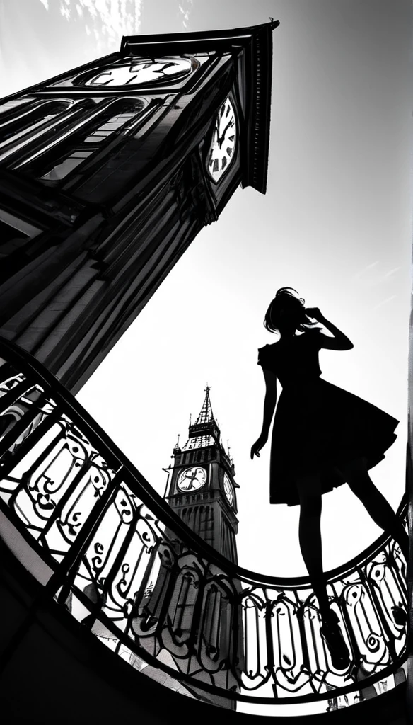 ((Monochrome artwork))、((Paper cutting style)),High contrast、(8k, Highest quality)、Ultra-high resolution、adorable、Highest quality, beautiful, Absurd beauty、masterpiece、Best image quality、(Silhouette),Clock Tower and Girl Theme、European Landscape、Clock Tower Background、A girl taking a commemorative photo、Looking up from below、Emphasize shading