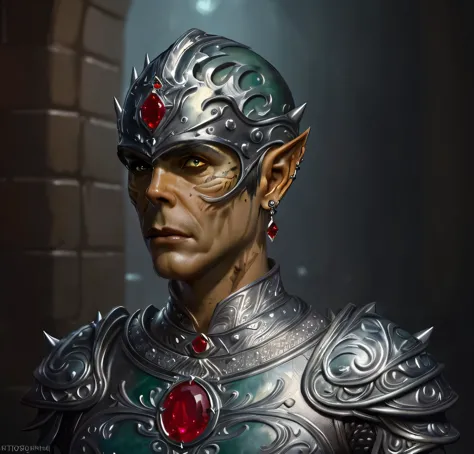 githyanki, dark green skin,  solo, looking at viewer, male, blacked out leather armor, bald , spiky earrings, male focus, portra...