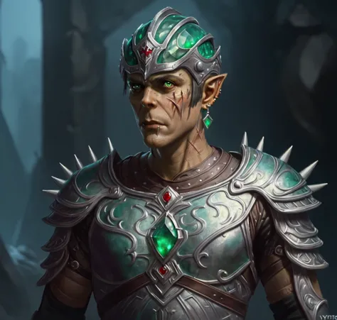 githyanki, dark green skin, solo, looking at viewer, male, emerald gem as his left eye, blacked out leather armor, bald , spiky ...