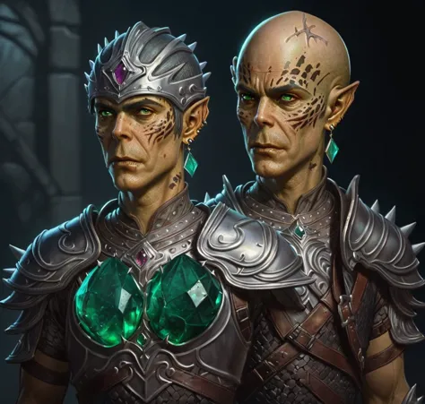 githyanki, dark green skin, solo, looking at viewer, male, emerald gem as his left eye, blacked out leather armor, bald , spiky ...