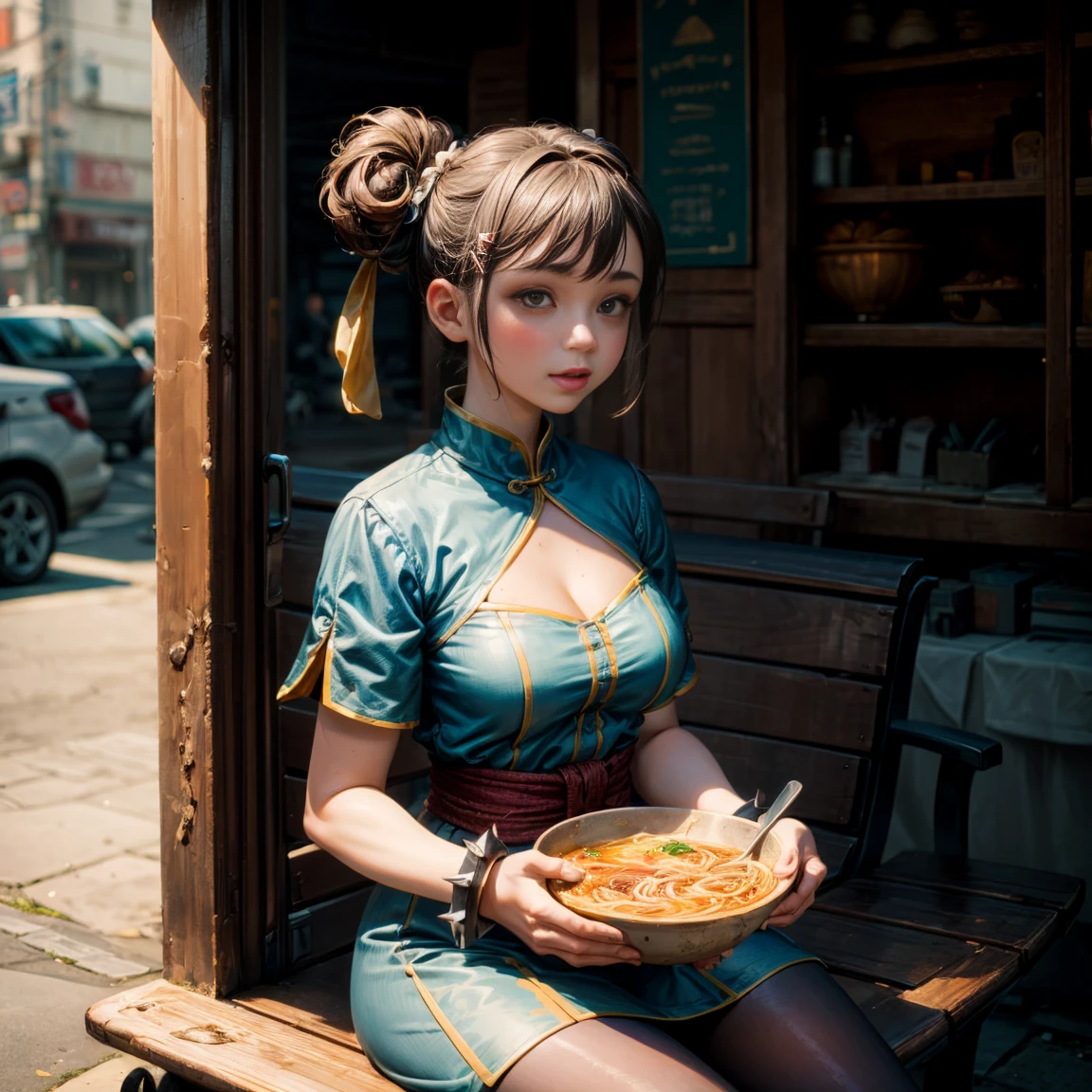 1girl, Chun li a little chubby, cute smiling, huge eyes, (a bit curvy, small breasts, round ass, (short sized torso), medium mouth, very thick lips, almond-shaped eyes, chestnut hair, Gorgeous body, Beautiful large head and very symmetrical face, sitting on a bench, she's holding a bowl, eating noodles, in an old Chinese street, there's an old bicycle against the wall. Very detailed and intricate environment, Very detailed clothing, street fighter, brown eyes, blue dress, ((pelvic curtain), (brown pantyhose), china dress), white cross-laced boots, bracelet, gold trim, jewelry, puffy sleeves, sash, short sleeves, side slit, spiked bracelet, spikes, double bun, hair accessories, Anime realism, cleavage, large nose, tan skin