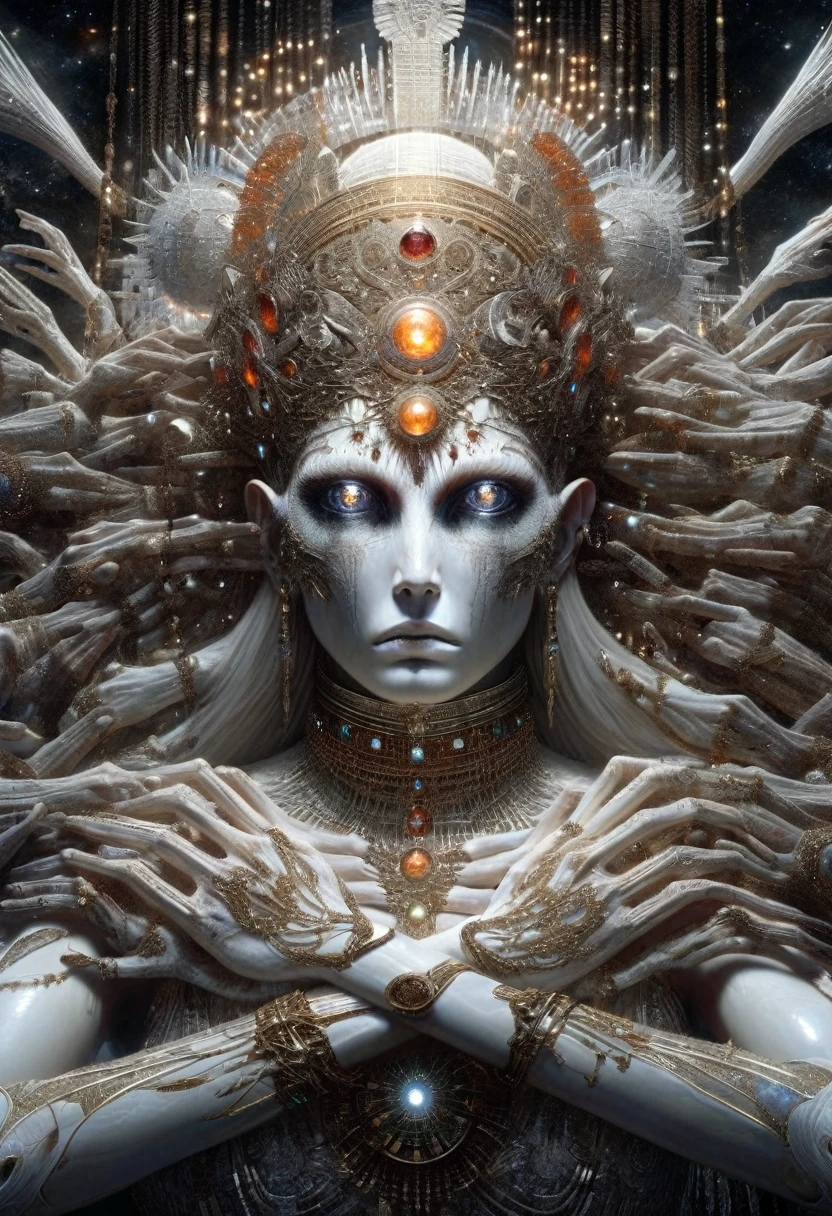 Masterpiece, an insanely detailed photograph of an elaborate beautiful half-human half-alien goddess glossy lipstick intricate glistening white skin face bright eyes, many hands and arms, glistening in the starlight, long voluminous hair mosaic ivory_white orange red dress hyperdetailed painting by Ismail Inceoglu Tom Bagshaw and Dan Witz CGSociety ZBrush Central fantasy art album cover art 4K  megapixels 8K resolution HDR Greek light colours celestial big intricate headpiece and amulet and jewels that glow