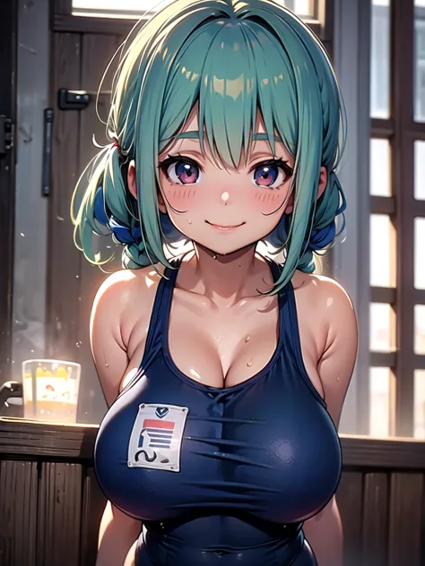 master piece,detailed,(((best quality))), ((((loli)))),(((cute))), ((petite)),(((big breasts))),orgasm,light green hair,arms beh...