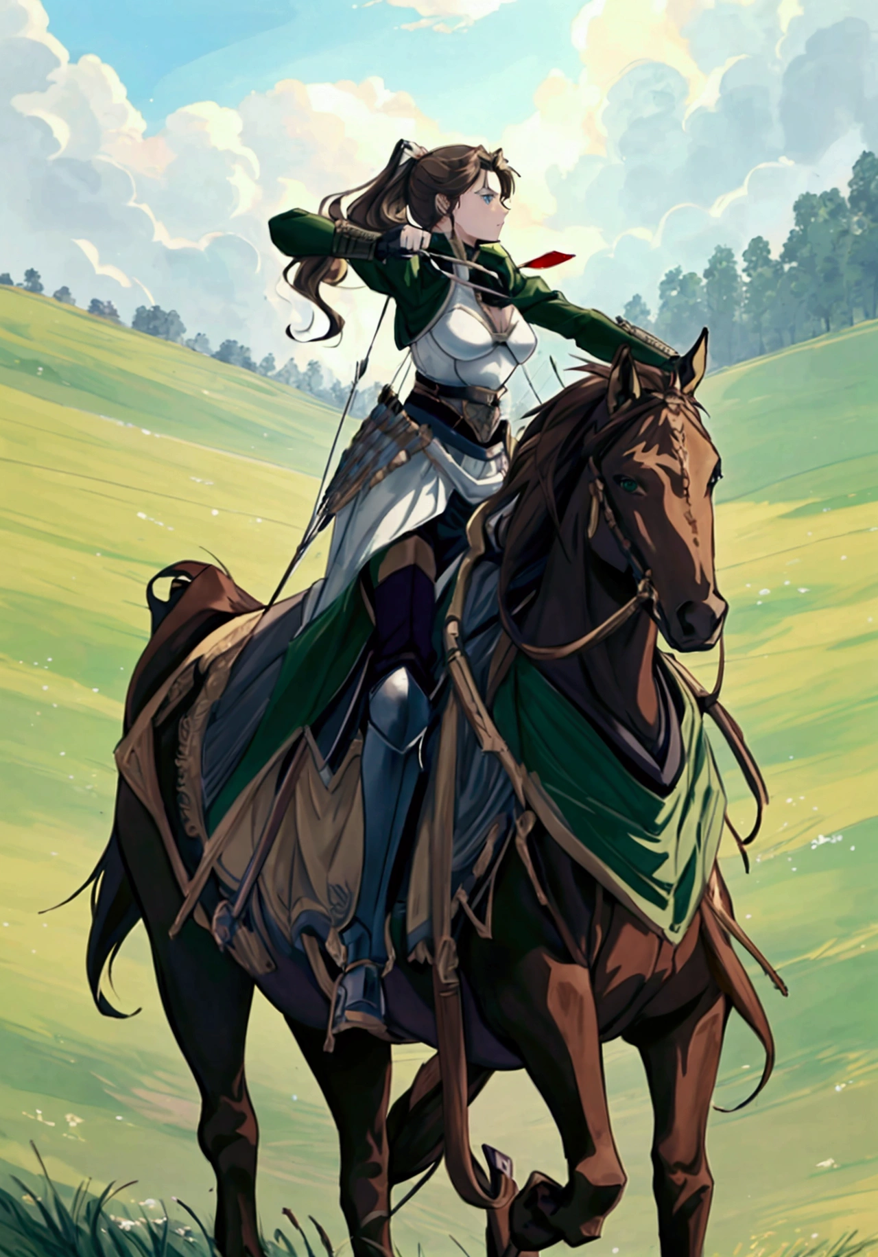 (Masterpiece), ((Highest Quality)),(Official Art),dynamic pose: 1.2),(1 solo anime character: 1.3). A badass soldier woman with wavy brown hair in a low ponytail, green eyes, tanned skin, androgynous, and leather-armored uniform. She wields a crossbow and carries quiver of arrows on her back while mounting a horse riding through a vast grassland. Detailed picture. Detailed eyes. Detailed environment. Mature artstyle (no moe). Soft fairytale picture Arthur Rackham-style. Colorful, best detailed ((super detailed)), (highly detailed 2D anime illustration), ((epic and beautiful))