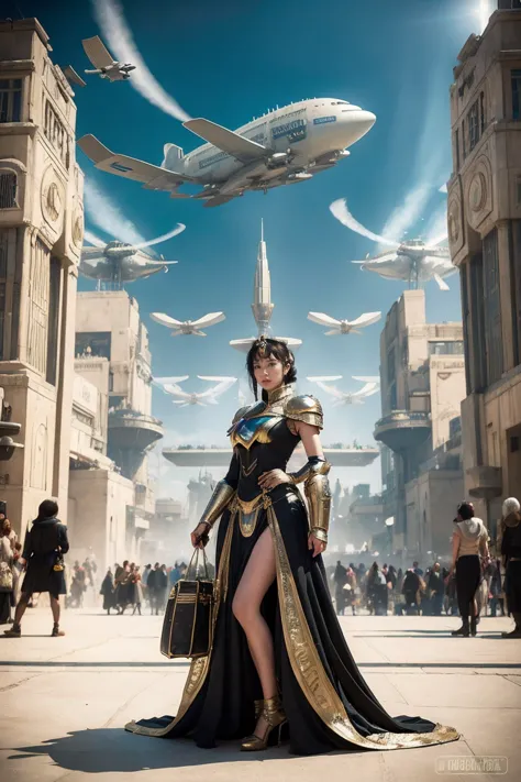 woman in futuristic dress stands in front of a large crowd of people, large dieselpunk flying airships, dribble, inspired by gil...