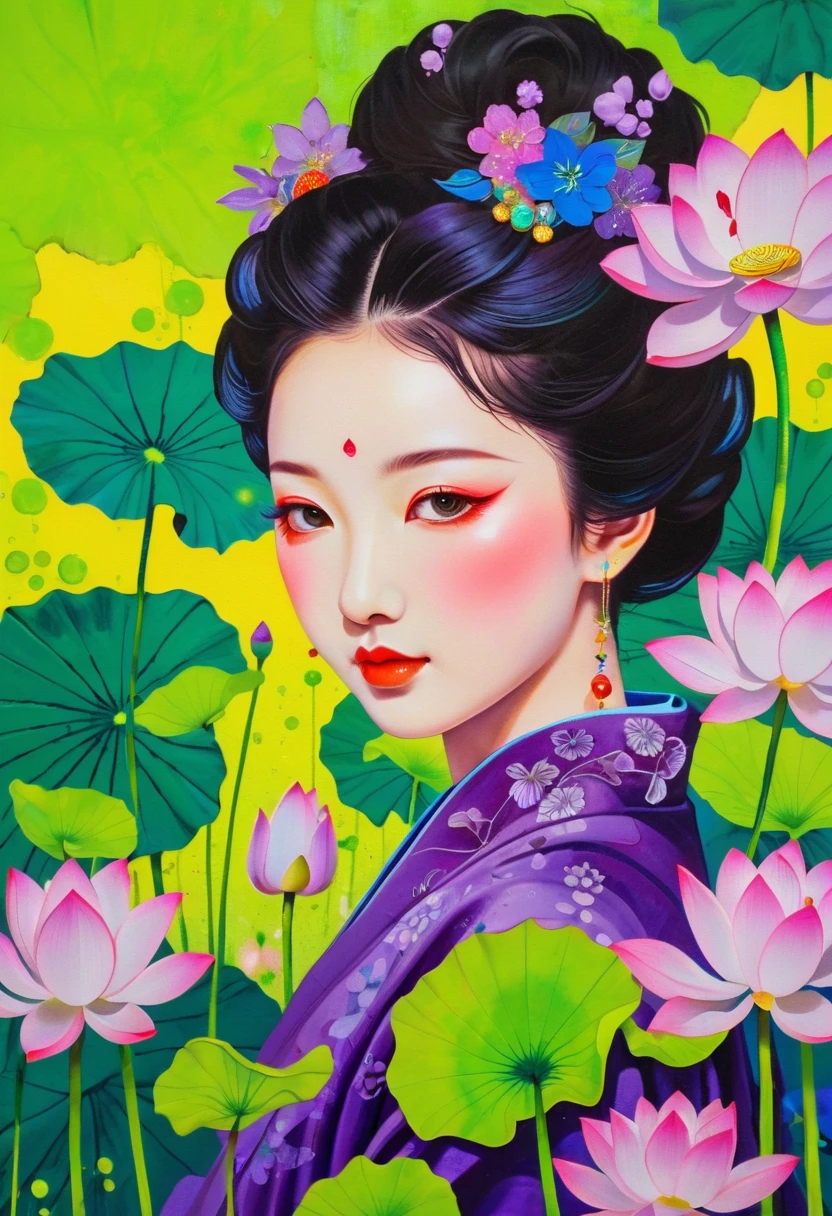 A painting：(((Colorful black，Chalk painting，Oil stick painting，Volume，Thick coating，Uneven texture，Plaster texture，Graffiti)))。Colorful black，Chinese girl in lotus leaf，Exquisite makeup, Bright colors, Purple和, cute的, Bright colors，cute, Lavender Color and Color Schemes, 和Purple的配色方案,  Beautiful Art,  Purple, Whimsical Art, 和Purple色调, Lime and Violet, Close together,, spring, Inspired by Tomokazu Matsuyama, Delightful